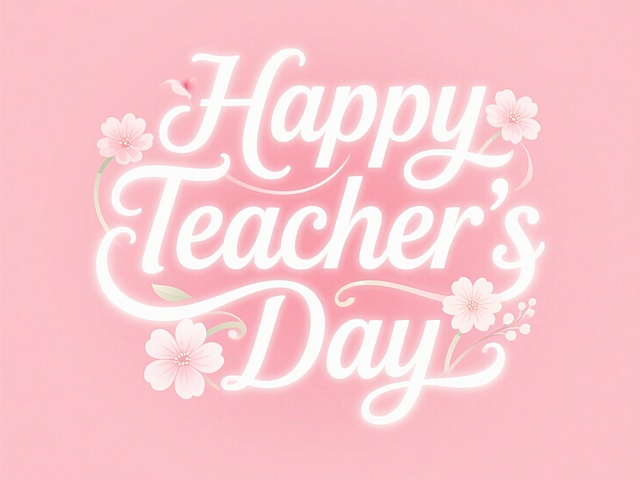 浅粉色背景，白色英文字‘Happy Teacher's Day’，笔画融合花朵装饰元素，艺术感