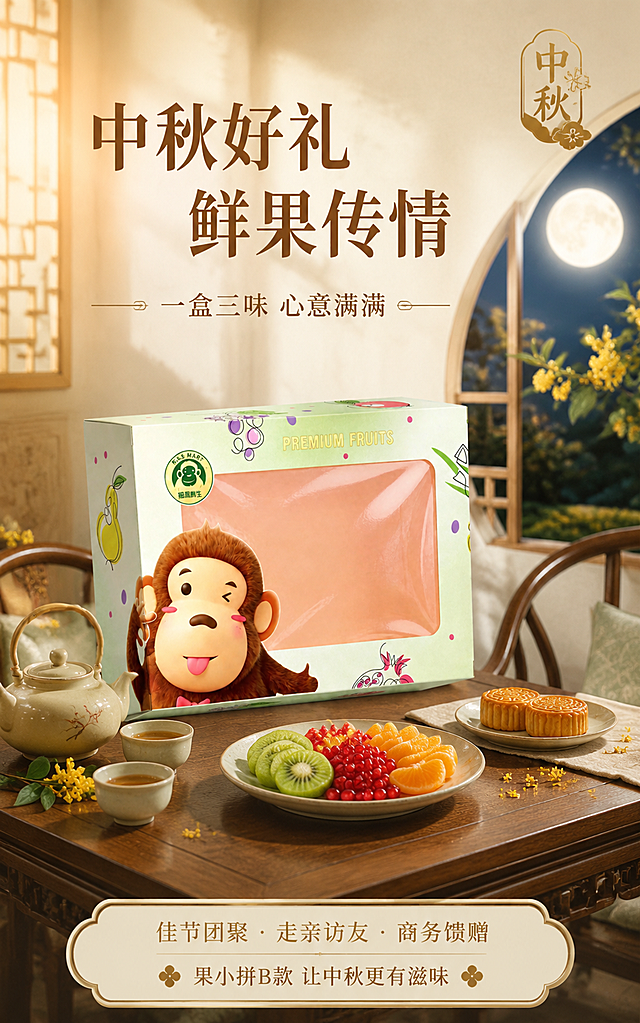[第7张] 详情页-中秋礼赠场景。本张使用【图1】作为礼盒主体，保持礼盒外观与原图一致。
[氛围/风格] 温馨雅致，中秋节日氛围，高级生活方式感，暖色调。
[元素布局] 礼盒置于中式木质茶几中央，占比约40%；茶几上摆放着精致的茶具、一盘切好的水果拼盘（猕猴桃片、石榴粒、橙瓣）、两盏小月饼；背景是柔和的中式客厅，窗户外有一轮圆月和桂花枝影；茶几旁有一把中式椅子；整体营造中秋佳节家人团聚送礼的温馨场景。
[光影质感] 暖黄色室内灯光+窗外月光，柔和温馨，礼盒表面有自然光泽，整体氛围感强。
[配色色系] 全局底色 #F5EDE0 暖米杏；主色暖金、石榴红、果绿；辅助色深木色、月白；点缀色桂花黄。
[视角构图] 45°斜侧视角，场景式构图，礼盒为视觉中心，阅读动线：顶部主标题 → 中部礼盒场景 → 底部情感文案。
[文字版式] 顶部主标题「中秋好礼 鲜果传情」，宋体大字；副标题「一盒三味 心意满满」；底部情感文案：「佳节团聚 · 走亲访友 · 商务馈赠」「果小拼B款 让中秋更有滋味」；右上角金色「中秋」印章样式小标；字色深棕+暖金，字体与首图统一；文字不遮挡礼盒主体。
[比例分辨率] 宽度750px，高度1200px（约5:8竖版），4K分辨率，文字清晰可辨，高清画质。
[负向提示词] 礼盒变形，包装错乱，颜色偏差，水印，文字过小，场景杂乱，人物出现。