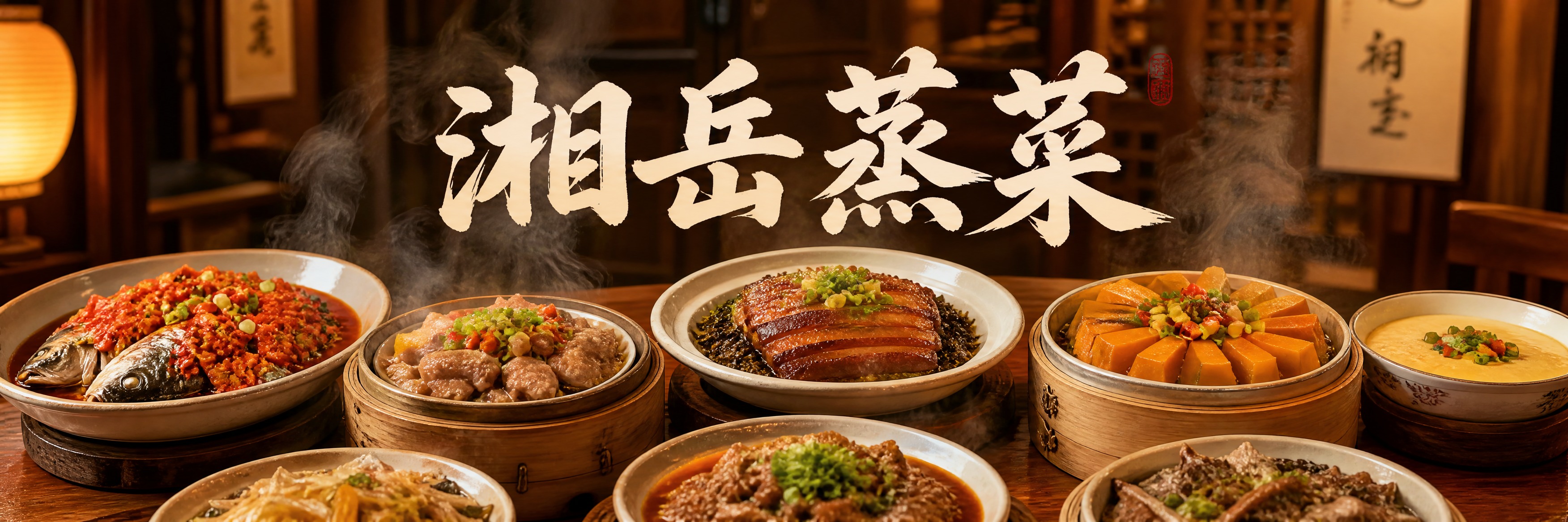 湘岳蒸菜餐厅横幅海报，真实美食摄影风格，画面展示多道湖南特色蒸… - 图片创意预览