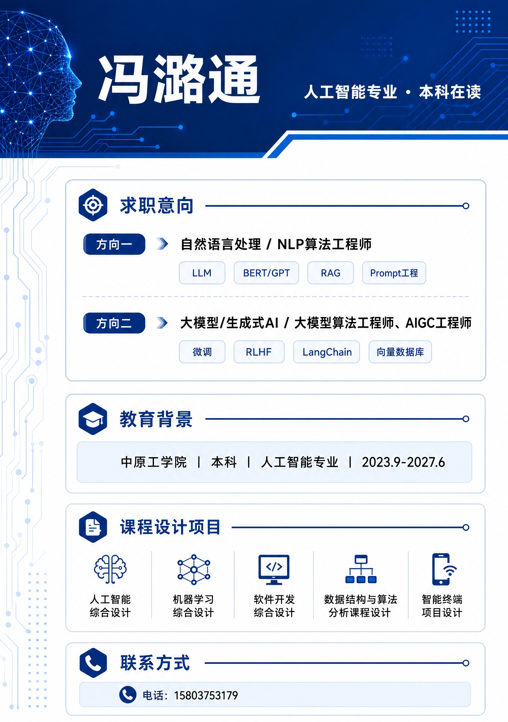 复刻参考图的版式骨架和深蓝科技风格，生成一份完整的个人简历海报… - 图片创意预览