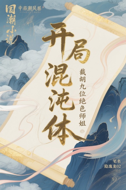 制作一个仙侠小说封面，书名：“开局混沌体，截胡九位绝色师姐”，笔名：“隐逸龙02”。全部书名在封面上大一点预览效果