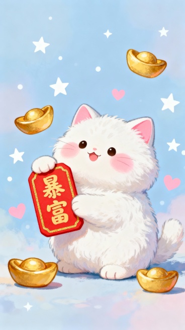 可爱插画风格，画面中心是一只胖乎乎的招财猫，浑身雪白的绒毛柔软蓬松，粉色的耳朵和脸蛋肉嘟嘟的，十分俏皮。它正举着一个写着“暴富”的小红牌，小红牌边缘用金色线条勾勒，“暴富”二字是童趣的手写体，颜色鲜艳预览效果