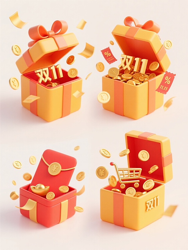一套4个规整排布的电商营销素材，保持简约现代的3D立体风格，采用明亮的橙黄色系渐变为主色调，搭配红色点缀，整体光影柔和有通透感，高光清晰，阴影细腻自然，具有平滑的材质表现和轻微的颗粒感。每个素材均使用纯色背景（与主体色调和谐的浅橙色或白色）。第一个为原素材：一个橙黄色的方形礼盒，顶部系着大蝴蝶结，礼盒正面打开，露出内部红色的小盒子，小盒子中涌出大量金色硬币和元宝，周围有飘带和带有货币符号的金色纸片飞舞，整体充满欢庆、财富的氛围。第二个变体：礼盒样式不变，内部小盒子打开后涌出的是金色的“双11”字样与硬币、元宝的组合，飘带和纸片上可融入“11.11”数字元素。第三个变体：礼盒主体不变，内部改为打开的红色红包，红包中飞出金色硬币和“双11”购物券图案，飘带设计成带有折扣符号“%”的样式。第四个变体：礼盒造型一致，内部小盒子中涌出的是金色的购物车、商品图标与硬币的混合，礼盒侧面可添加简约的“双11”文字标识，所有元素排布均衡，视觉焦点突出，信息传达清晰，符合电商促销的欢快、优惠氛围，无任何logo、水印、电话地址及二维码。