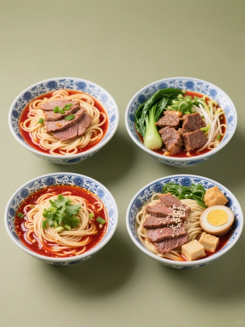 超写实美食摄影风格，纯色背景，四个造型完全不同的牛肉面元素内容规整排布组成系列素材集合。每个牛肉面均使用原图中带蓝色花纹的传统瓷碗盛装，保持浓郁的红色汤底、晶莹的面条、切片牛肉、绿色香菜和葱花等核心元素的质感与光影表现。第一个碗中牛肉片整齐码放，面条缠绕成螺旋状；第二个碗中牛肉呈块状，搭配更多的青菜和豆芽；第三个碗中面条舒展，牛肉片斜切交错摆放，点缀白芝麻；第四个碗中加入卤蛋和豆腐泡，牛肉片与……预览效果