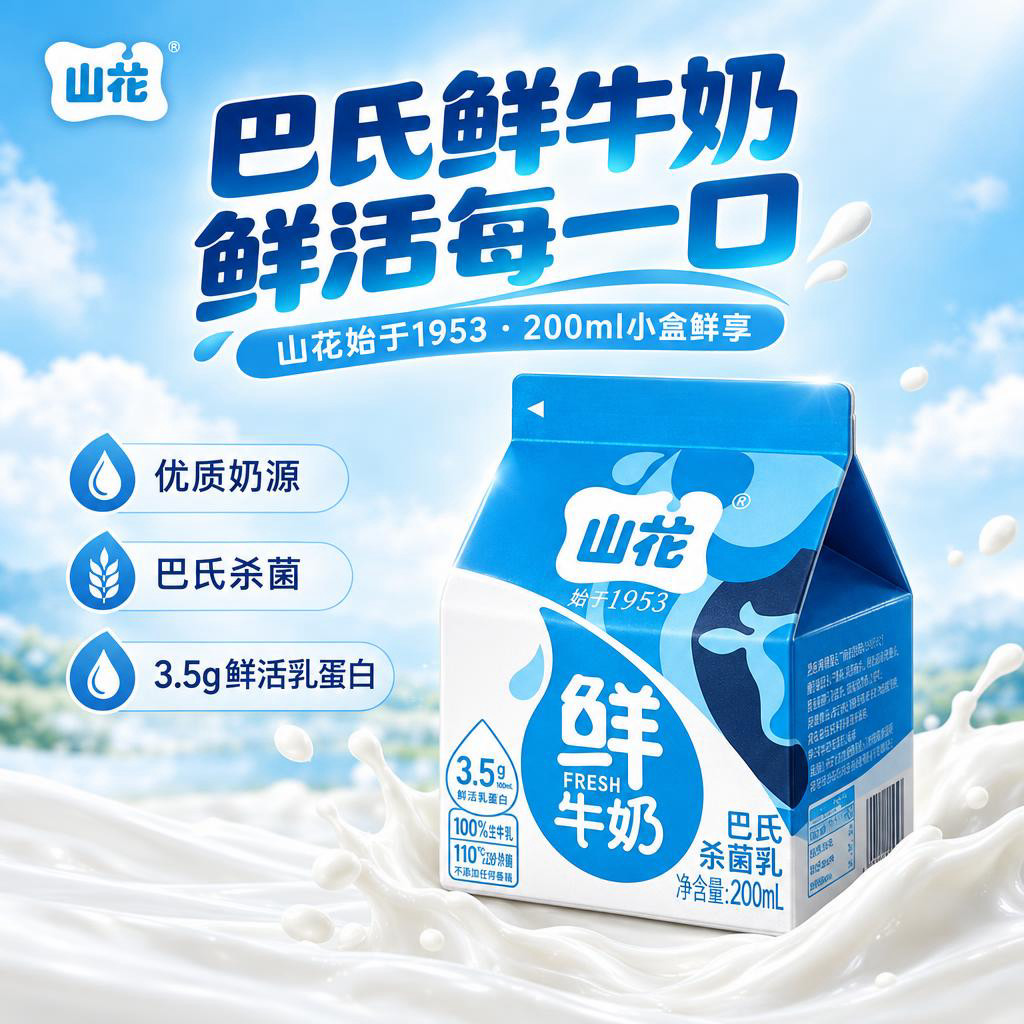 [商品] 使用【图2】山花巴氏鲜牛奶200ml屋顶盒包装；保留… - 图片创意预览