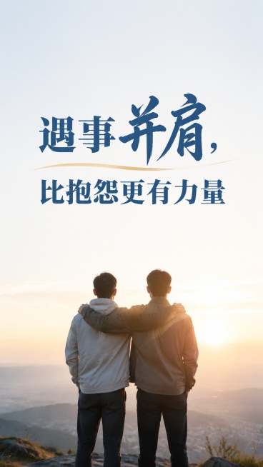 简洁明了的励志图文，画面简约大气，包含文字"遇事并肩，比抱怨更有力量"，两个并肩站立的人物背影，浅色调背景，积极正能量风格，文字清晰突出预览效果