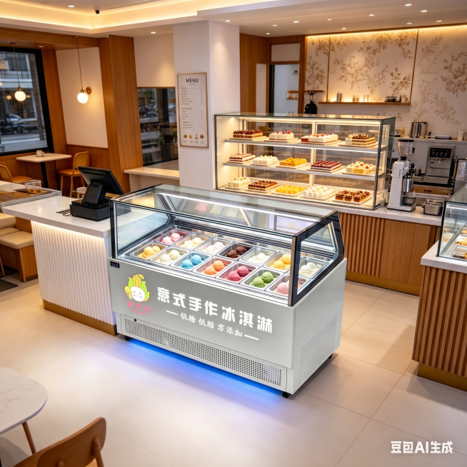 参考image1的风格，将image2的冰淇淋展示柜放置到image1的现代简约甜品店收银台场景中，严格还原image2产品的所有细节：保持包装设计、颜色、玉米LOGO位置、文字内容'意式手作冰淇淋预览效果