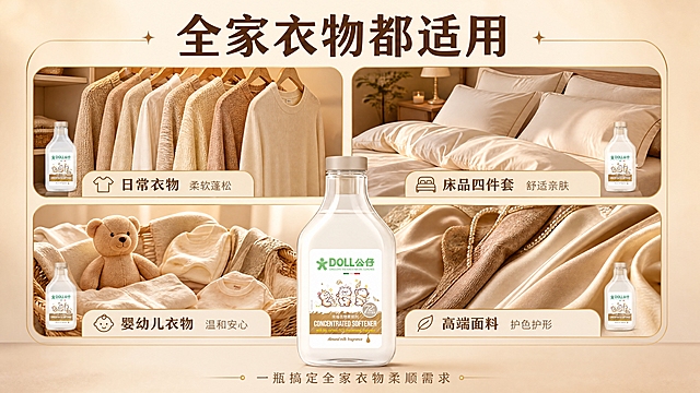 [商品] 使用【图1】DOLL公仔浓缩衣物柔顺剂扁桃仁奶香款；保留透明玻璃瓶身、米色瓶盖、瓶内乳白液体、绿色DOLL公仔Logo、三只小熊插画、标签文字与图案，与输入图完全一致。产品小图点缀在各场景中。
[画面] 第6张 场景种草-多场景适用。目标：告诉用户什么时候用、哪些衣物能用。画面采用2x2宫格布局，4个场景分别为：日常衣物、床上用品、婴幼儿衣物、高端面料；每个场景小图配短标签；中央或底部放产品瓶身；暖棕色调统一。阅读动线：顶部标题 → 四宫格场景 → 底部产品。
[视觉] 套系策略：风格=暖棕高级商业摄影；标题字=粗黑体+宋体组合；正文字=细黑体；主色=暖棕焦糖 #B87333；背景延展=浅米色到暖棕渐变、细腻质感；强调色=金色 #C9A961，用于标签边框、图标；标题色=深棕色；正文色=中棕色；组件=圆角场景卡片、细金线、小标签；光影=每格场景独立柔光，整体统一暖调。
[文字] 顶部主标题「全家衣物都适用」深棕色大号粗体；四宫格每格底部标签：「日常衣物」柔软蓬松、「床品四件套」舒适亲肤、「婴幼儿衣物」温和安心、「高端面料」护色护形；底部产品旁小字「一瓶搞定全家衣物柔顺需求」；所有文字横排。
[规格] 图片比例16:9横版，4K，避免变形、错字、文字过小、人物畸形、电商平台Logo、冷蓝背景。