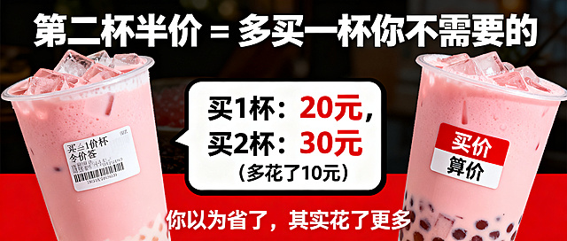 背景是两杯奶茶，一杯贴全价标签，一杯贴半价标签，海报设计，主标题文字为"第二杯半价 = 多买一杯你不需要的"，算账框内容：买1杯：20元，买2杯：30元（多花了10元），底部文字"你以为省了，其实花了更多"，配色为奶茶粉加警示红，对比醒目
