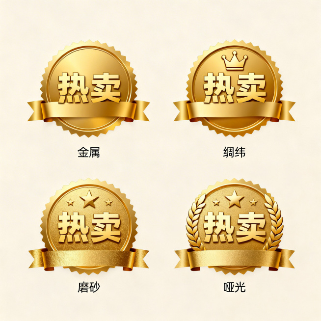 四个不同配色不同样式不同材质的“热卖”标签，简约扁平风格，金色为主色调，包含圆形徽章元素，徽章分别搭配丝带、皇冠、星星和麦穗装饰，文字“热卖”是醒目粗体字体，四个标签排列在浅色背景上，上下两行对齐排列预览效果