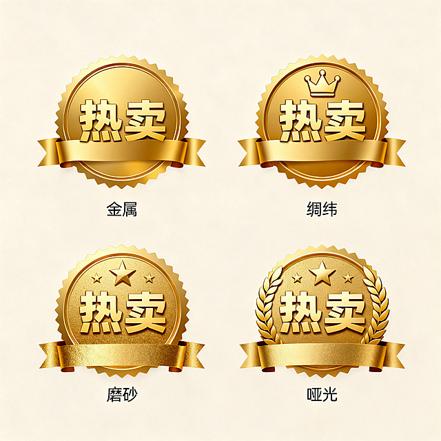四个不同配色不同样式不同材质的“热卖”标签，简约扁平风格，金色为主色调，包含圆形徽章元素，徽章分别搭配丝带、皇冠、星星和麦穗装饰，文字“热卖”是醒目粗体字体，四个标签排列在浅色背景上，上下两行对齐排列，每个标签分别有金属、绸缎、磨砂、哑光质感，视觉层次分明，设计符合现实逻辑