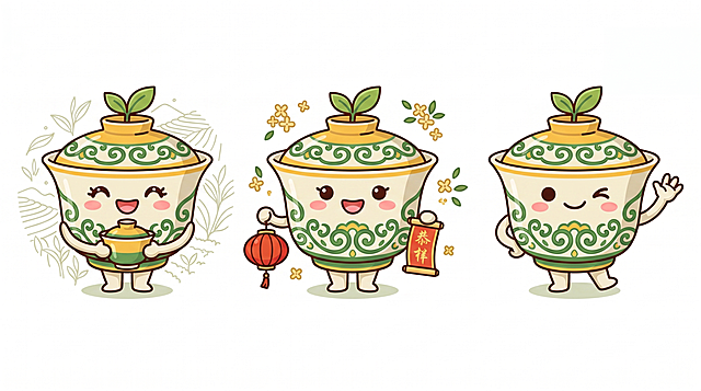 国潮风茶壶拟人插画，融合卡通感与彩绘风，描边细腻，喜庆元素点缀，传递新春祝福。