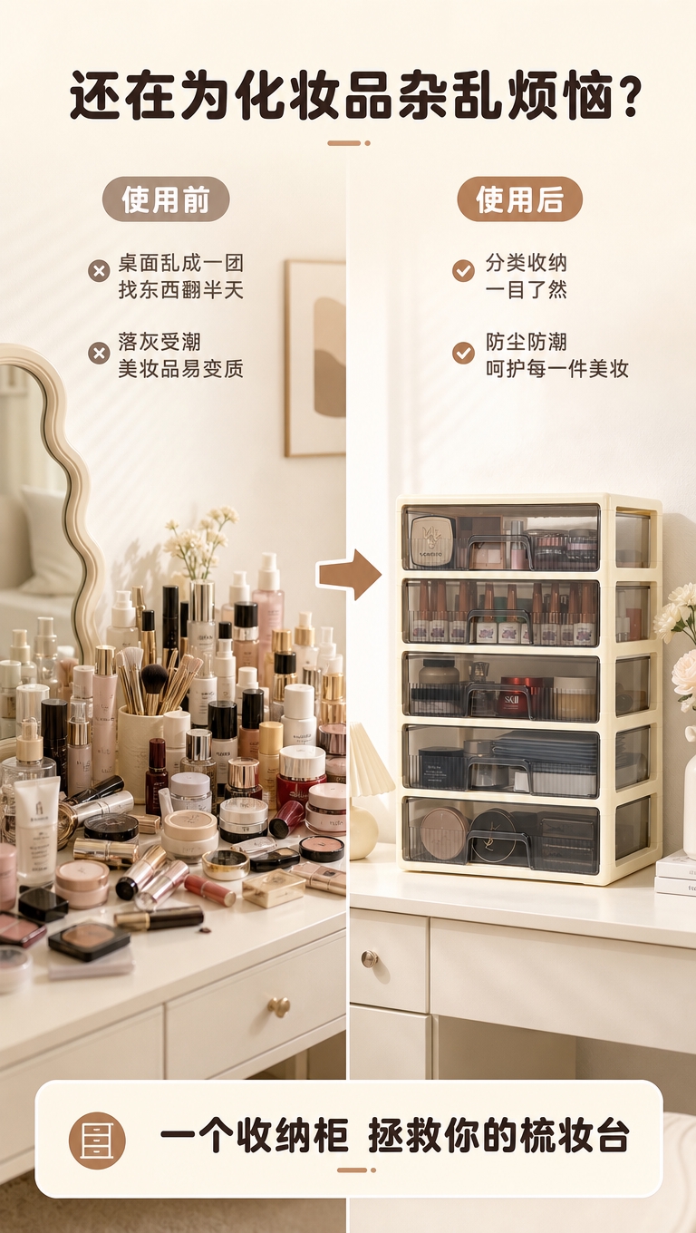 [商品] 使用【图1】奶油白五层抽屉式化妆品收纳柜；保留产品结… - 图片创意预览