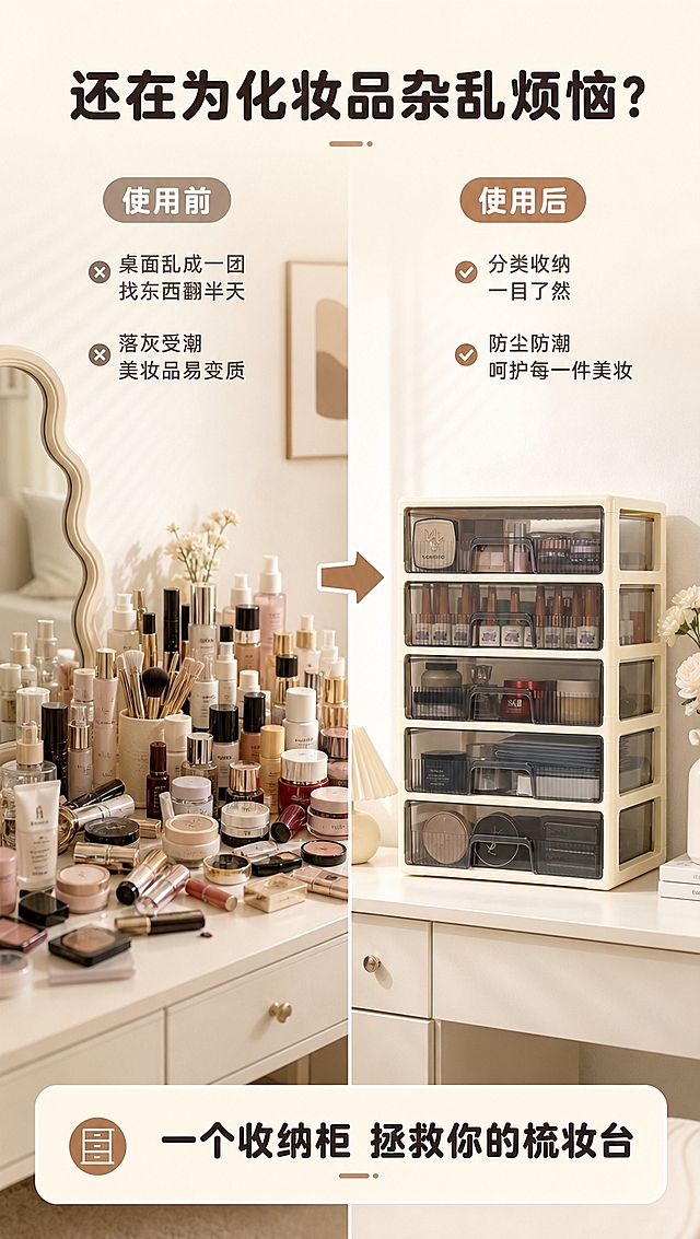 [商品] 使用【图1】奶油白五层抽屉式化妆品收纳柜；保留产品结构、颜色、透明抽屉质感；右侧为收纳后整洁状态使用本产品，左侧为杂乱状态做对比。
[画面] 目标：痛点对比页，展示使用前后梳妆台变化。构图：左右分栏对比，左半部分杂乱梳妆台（化妆品散落、堆满桌面），右半部分使用收纳柜后的整洁桌面；中间用箭头分隔。景别：中景。阅读动线：从左到右，先看痛点再看解决方案。
[视觉] 套系策略：风格=奶油治愈系家居商业摄影；标题字=圆润黑体粗体；正文字=简洁无衬线黑体；主色=奶油米白；背景延展=基于奶油米白做深浅层级、同色渐变和细腻墙面/织物质感；强调色=奶茶棕，仅用于小面积图标、引线和标签；标题色=深咖棕；正文色=暖灰棕；组件=圆角浅底信息卡、细线引线、胶囊标签；光影=左前侧暖柔光，柔和自然阴影。
[文字] 顶部主标题「还在为化妆品杂乱烦恼？」，左侧痛点区配文「桌面乱成一团 找东西翻半天」「落灰受潮 美妆品易变质」，右侧解决区配文「分类收纳 一目了然」「防尘防潮 呵护每一件美妆」；底部副标题「一个收纳柜 拯救你的梳妆台」；全部横排排版，文字不遮挡产品主体。
[规格] 图片比例9:16竖版，4K分辨率，淘宝/天猫详情页风格，避免变形、错字、文字过小、冷蓝/冷灰背景、产品颜色改变、结构失真、极限词、夸张恐吓式痛点表达。