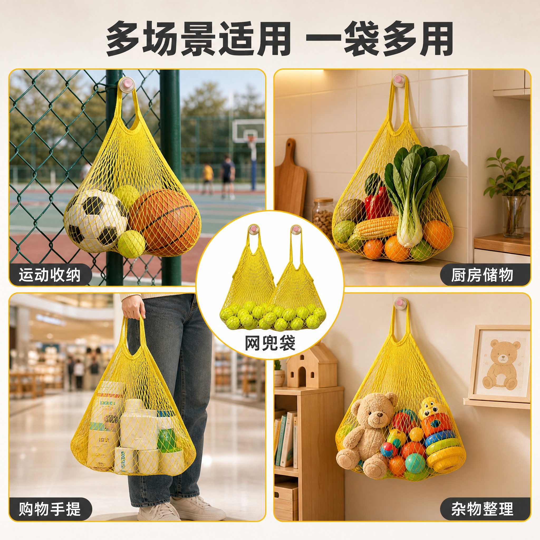 [主图-4] 网兜袋多场景适用展示图，突出多功能收纳与广泛用途… - 图片创意预览