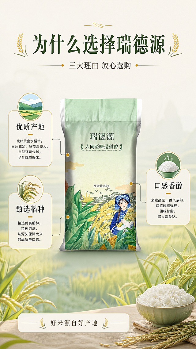 [第8张] 核心卖点页-瑞德源稻香米三大核心理由拆解。本张使用【图1】正面米袋作为产品主体。
[商品] 使用【图1】正面瑞德源5kg稻香米袋；保留包装所有细节，居中放置。
[画面] 目标清晰展示三大核心卖点。画面中央放置瑞德源稻香米袋，占比约40%；米袋左侧和右侧各有引线指向卖点图标；上方有标题区；下方有补充说明；整体版式对称清晰，信息层级分明。
[视觉] 套系策略：风格=田园民族风+家常烟火气，温暖自然商业摄影质感；标题字=温润宋体粗体；正文字=简洁黑体；主色=浅草绿+米白色；背景延展=基于米白和浅绿做渐变层次、稻田虚化质感；强调色=金黄色，仅用于稻穗、标签点缀和高光；标题色=深墨绿色；正文色=深棕色；组件=圆角浅底信息卡、细线引线、稻穗装饰元素；光影=均匀柔光，产品清晰，整体干净明亮。
[文字] 中心引线型版式。顶部主标题「为什么选择瑞德源」，副标题「三大理由 放心选购」，温润宋体居中；中部产品左右引线连接三个卖点图标：左侧「优质产地」「甄选稻种」，右侧「口感香醇」；每个卖点配圆形图标和简短说明；底部小字标注「好米源自好产地」。
[规格] 9:16竖版比例，4K分辨率，文字清晰可辨，高清画质。负向：产品变形，水印，文字错乱，图标模糊，版式混乱，卖点不清晰，引线不自然。