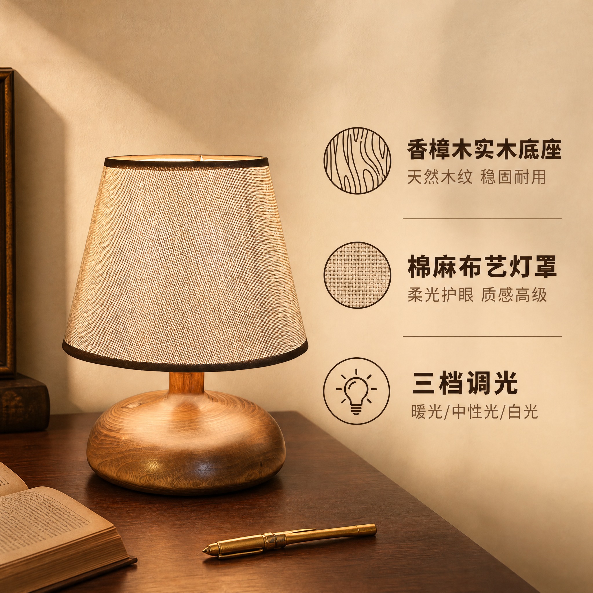 [主图-2] 卖点信息与材质细节展示，突出香樟木实木材质与棉麻… - 图片创意预览