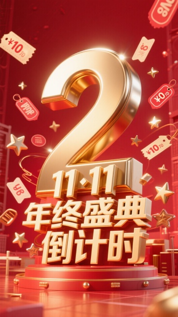 金属艺术字体设计“11·11年终盛典 倒计时2天”中的“2”要大突出，成为画面主体，金色金属质感，红色背景，活动氛围，促销元素包围预览效果