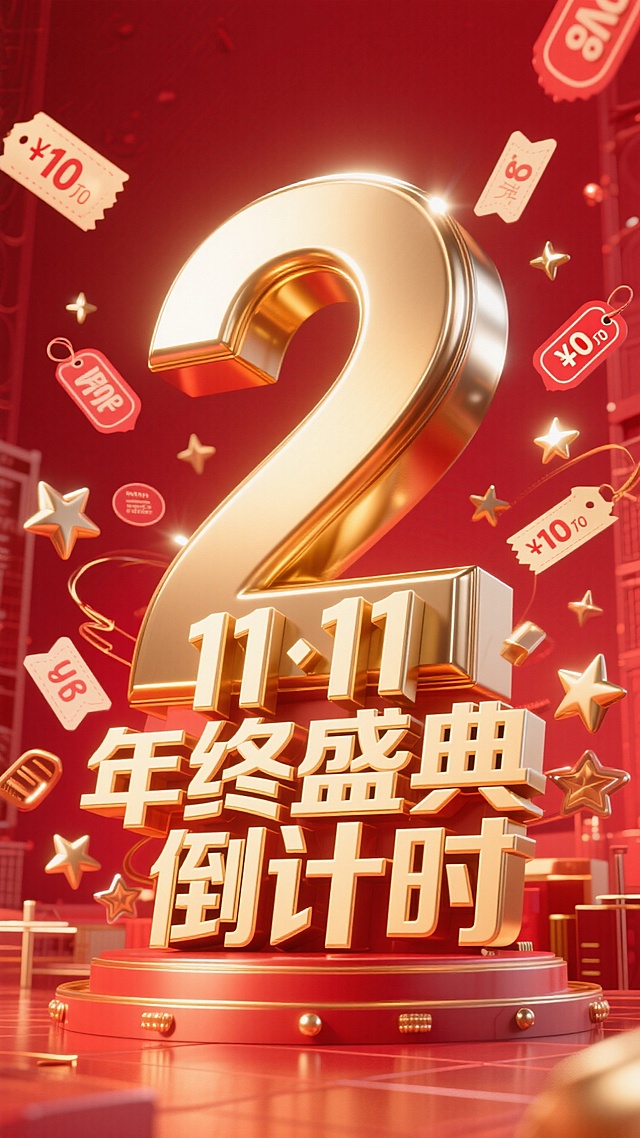 金属艺术字体设计“11·11年终盛典 倒计时2天”中的“2”要大突出，成为画面主体，金色金属质感，红色背景，活动氛围，促销元素包围