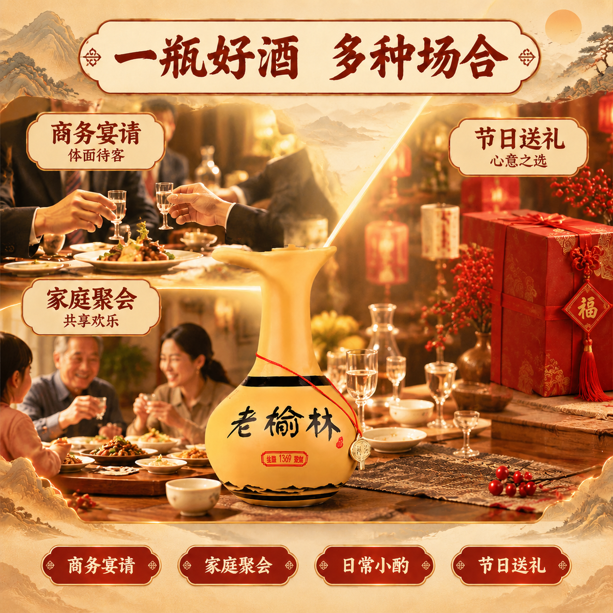 去除画面中酒瓶后方的老榆林外箱包装盒，保留酒瓶主体完整不变，酒… - 图片创意预览