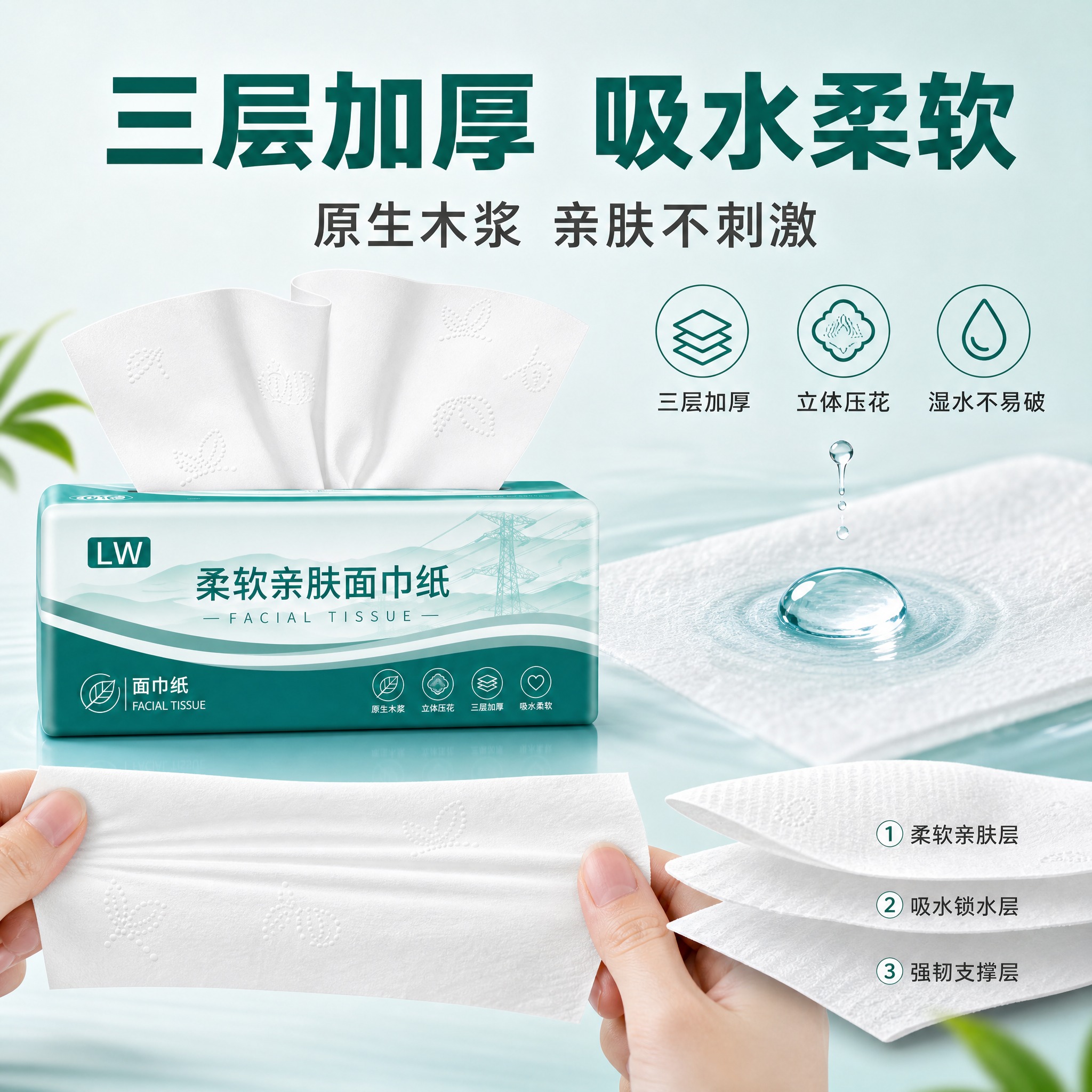 [主图-2] 核心卖点图，三层加厚 吸水柔软，通感表达纸巾的吸… - 图片创意预览