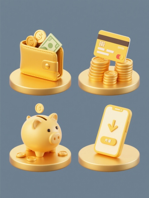 一组四个完全不同造型的充值相关元素，保持3D立体风格，明亮的金黄色主色调，光滑的渐变质感，柔和的高光与阴影，圆形金色底座设计，元素包括：1. 打开的钱包露出硬币和钞票，2. 信用卡与金币堆叠，3. 存钱罐与散落的硬币，4. 带有充值按钮的智能手机，所有元素规整排列在纯色背景上，无任何文字和多余装饰预览效果