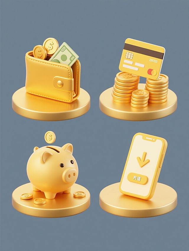 一组四个完全不同造型的充值相关元素，保持3D立体风格，明亮的金黄色主色调，光滑的渐变质感，柔和的高光与阴影，圆形金色底座设计，元素包括：1. 打开的钱包露出硬币和钞票，2. 信用卡与金币堆叠，3. 存钱罐与散落的硬币，4. 带有充值按钮的智能手机，所有元素规整排列在纯色背景上，无任何文字和多余装饰