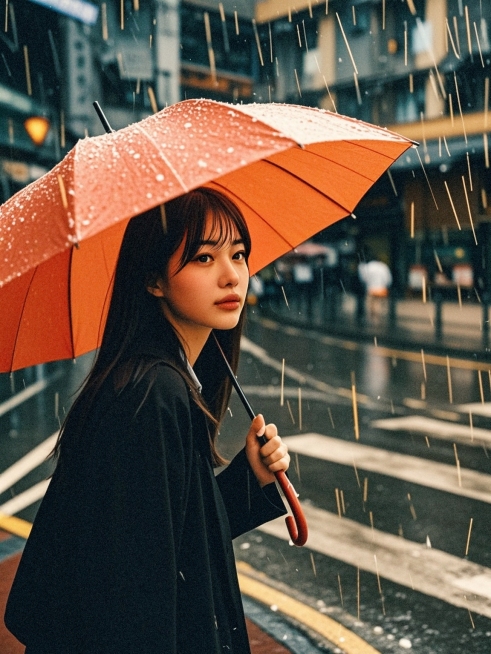 一个女生，撑伞，香港街道，雨天预览效果