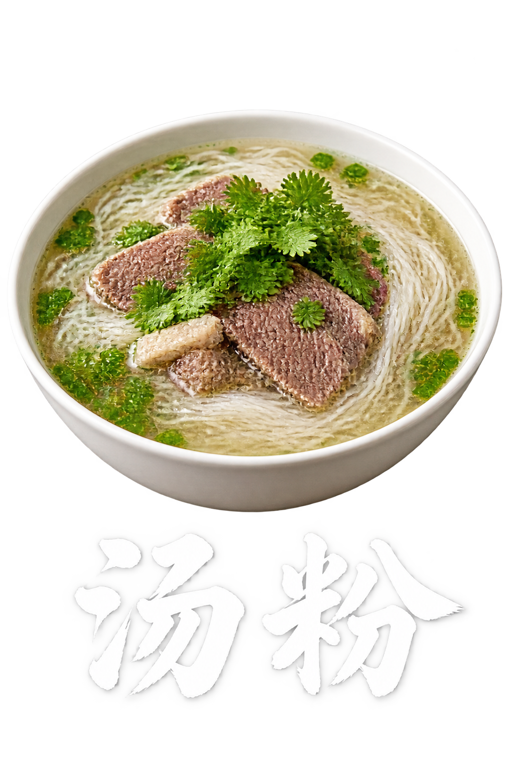一碗真实的汤粉，白色瓷碗，细米粉配清汤，上面撒香菜和葱花，下方… - 图片创意预览