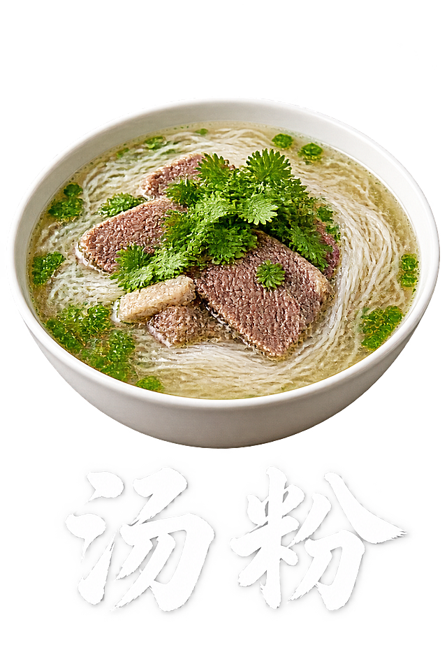 一碗真实的汤粉，白色瓷碗，细米粉配清汤，上面撒香菜和葱花，下方有中文文字"汤粉"，白色字体，透明背景，独立素材，高清美食摄影，精致诱人