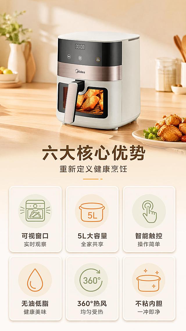 [第3屏] 核心卖点总览-美的可视空气炸锅六大优势。本屏使用【图1】作为商品主体展示。
[氛围/风格] 居家温馨风格，暖色调，信息卡片式布局，商业摄影质感。
[元素布局] 画面上方为产品正面图，占比约35%，居中放置；下方为六大卖点卡片，2行3列布局，每卡含图标+标题+短句；卡片之间有细微间距，整体整齐有序。背景为暖米色厨房墙面，底部有木质台面元素。
[光影质感] 顶部柔和自然光，产品有自然投影，卡片有轻微悬浮感，整体明亮温暖。
[配色色系] 全局底色 #FFF8F0（暖米白）；主色深棕文字；辅助色浅绿、浅橙图标点缀。
[视角构图] 正面平视，阅读动线从上到下：产品 → 标题 → 卖点卡片。
[文字版式] 产品下方主标题「六大核心优势」，副标题「重新定义健康烹饪」；六张卖点卡片分别为：「可视窗口 实时观察」「5L大容量 全家共享」「智能触控 操作简单」「无油低脂 健康美味」「360°热风 均匀受热」「不粘内胆 一冲即净」；每卡配简约线性图标，文字清晰。
[比例分辨率] 9:16 竖版比例，4K分辨率，文字清晰可辨，高清画质。
[负向提示词] 机身变形，缺件错件，颜色偏差，水印，文字错乱，产品图模糊。