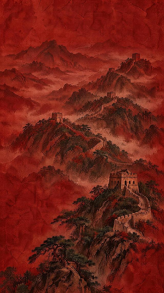 深红色竖版背景图，带有丰富肌理感和纹理质感，融入中国水墨风元素。画面中隐约可见水墨晕染的万里长城蜿蜒于群山之间，烽火台矗立山巅，远山如黛，苍松翠柏点缀其间，象征民族脊梁与坚韧精神。深红底色层次丰富，有宣纸纹理与水墨交融的质感，浓淡干湿相宜，沉稳大气，古朴典雅，厚重庄严。纯背景无主体人物，无任何文字，无奇怪光效，整体色调统一和谐，历史感与家国情怀