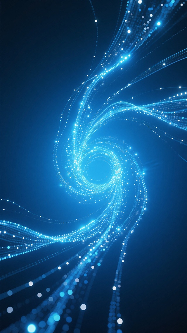 深蓝色调渐变背景，数据网络，由左下角和右上角分别出现发光点线交织再画面中央螺旋交汇成动态散射状互联结构