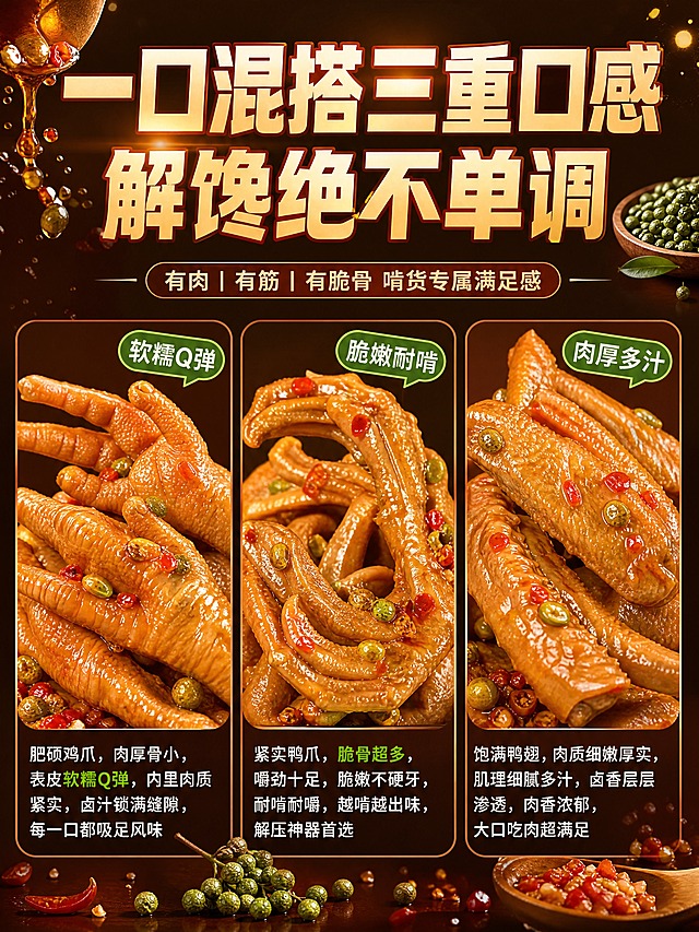 [商品] 使用【图5】鸡爪、【图3】鸭爪、【图4】鸭翅三款卤味单品图；保留每款单品的真实形态、卤色光泽、肉质纹理、辣椒与山黄皮颗粒细节；鸡爪肥硕肉厚、表皮软糯Q弹，鸭爪紧实脆骨多、嚼劲十足，鸭翅饱满肉厚、肌理细腻；商品处理：去除原盘与多余汤汁背景，将三款单品分别独立抠出置于各自卡片内，增强卤汁油亮光泽与肉质纹理清晰度，提升食欲感，不改变产品本身形态与颜色。参考【图1】山黄皮原料、【图2】蒜蓉辣椒酱料作为风味点缀元素融入画面。
[画面] 页面目标为三品类混搭亮点展示，凸显性价比与丰富度；构图采用顶部通栏标题+下方三卡片并列竖排骨架，三张圆角卡片等宽等高横向排列，每张卡片内对应一款单品完整形态特写，单品占各自卡片70%-80%；卡片间留均匀间距，整体画面饱满不杂乱；阅读动线从上至下、从左到右；前景为卡片单品特写，中景为卡片底板，背景为统一暖调食欲感背景，卡片底部或角落点缀少量山黄皮、辣椒碎、卤汁光斑作为风味装饰。
[视觉] 套系策略：风格=抖音风格大师风卤味美食商业摄影，食欲感拉满，油亮光泽浓郁诱人；标题字=粗黑体+厚重字重，醒目有力，带轻微卤色渐变字效；正文字=简洁无衬线中黑体，移动端清晰可读；主色=卤香深棕红（辣椒油红+卤褐色）；背景延展=基于深棕红做深浅层级渐变，叠加细腻油润质感与暗角，营造浓郁卤味氛围；强调色=山黄皮青绿色+辣椒亮红，仅用于小面积风味点缀、标签图标和关键词高亮；标题色=米白/浅金，带卤色描边；正文色=暖米白；组件=圆角深棕红描边卡片、浅金分割线、青绿色口感关键词胶囊贴纸；光影=左前侧暖柔光+顶部轮廓光，突出肉质纹理和卤汁油亮反光，阴影柔和有层次。
[文字] 顶部通栏居中主标题：「一口混搭三重口感，解馋绝不单调」；主标题下方副标题：「有肉｜有筋｜有脆骨 啃货专属满足感」；三张卡片内分别放置对应单品口感小字说明，文字位于卡片底部半透明深色底条上，不遮挡主体肉质特写；左卡（鸡爪）小字：「肥硕鸡爪，肉厚骨小，表皮软糯Q弹，内里肉质紧实，卤汁锁满缝隙，每一口都吸足风味」；中卡（鸭爪）小字：「紧实鸭爪，脆骨超多，嚼劲十足，脆嫩不硬牙，耐啃耐嚼，越啃越出味，解压神器首选」；右卡（鸭翅）小字：「饱满鸭翅，肉质细嫩厚实，肌理细腻多汁，卤香层层渗透，肉香浓郁，大口吃肉超满足」；每张卡片右上角加对应口感关键词胶囊贴纸（如「软糯Q弹」「脆嫩耐啃」「肉厚多汁」）；所有文字横向排版，字号确保移动端清晰可读。
[规格] 图片比例3:4竖版，4K分辨率，负向提示：避免变形、错字、文字过小、冷蓝/蓝灰背景、产品颜色改变、肉质失真、卡片杂乱、竖排文字、旋转文字、水印、二维码、极限词。