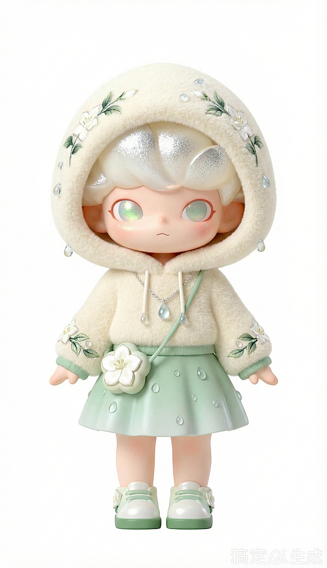基于参考角色，保持原角色特征和发型不变，设计一套软萌风格的现代衣服搭配，融入茉莉、清露元素，白色背景