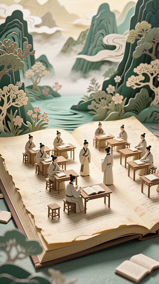 巨型泛黄书页平铺打开，上面是立体剪纸的古代课堂剪，背景是立体世外桃源剪纸。