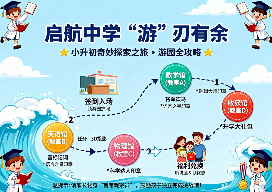 A4横向小升初游园路线图设计，淡蓝色天空/海洋底色，点缀白色云朵浪花；四角点缀拿着书本、戴博士帽、穿白大褂的欢乐卡通学生；顶部居中，深蓝色活泼粗体主标题"启航中学 “游”刃有余"，副标题"🌟 小升初预览效果