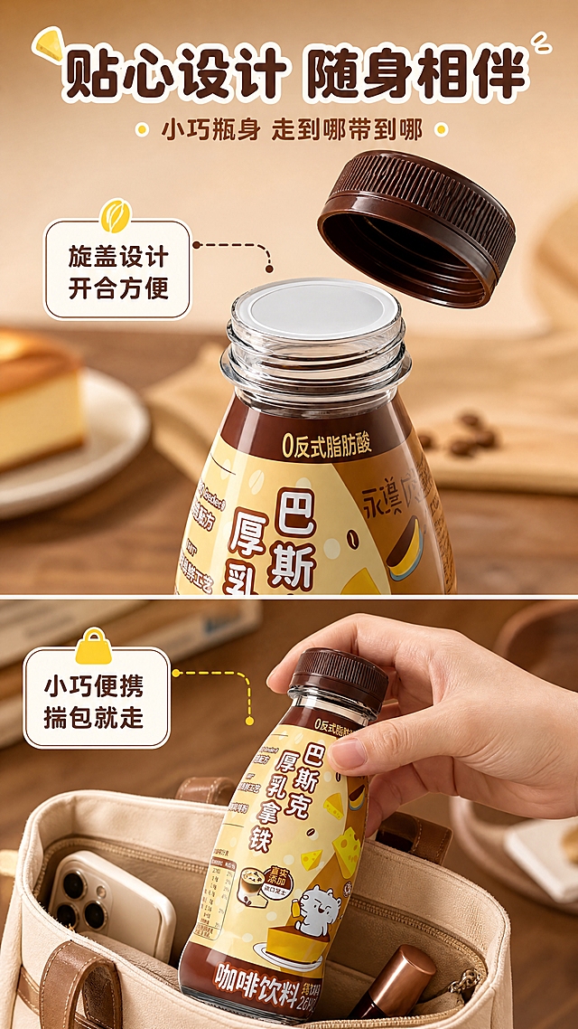 [商品] 使用【图1】永璞巴斯克厚乳拿铁咖啡饮料瓶装产品；保留瓶身全部结构、文字、图案和颜色。展示瓶盖细节与手持便携状态，产品占画面约50%。
[画面] 目标：包装细节与便携性展示，突出开盖设计和随身便携属性。构图：上下分栏，上半部分瓶盖开盖特写，下半部分手持便携展示。主体位置：上部为瓶盖微距（拧开状态，可见瓶口），下部为手握住瓶身放入包中的动作。景别：瓶盖微距+手持中景。阅读动线：从上到下，从细节到使用场景。前中后景：前景上部瓶盖螺纹细节、密封口特写（清晰可见）；中景下部一只手自然握住瓶身，正放入米色托特包中，包内有手机、口红等小物；后景暖棕虚化背景，有桌面纹理，形成3层视觉。
[视觉] 套系策略：风格=国内电商治愈系食品饮料商业摄影风；标题字=圆润可爱粗黑体（带轻描边）；正文字=简洁无衬线体；主色=暖奶咖棕；背景延展=基于暖奶咖棕做深浅层级、同色渐变和细腻奶油/纸张质感；强调色=芝士亮黄色，仅用于小面积图标、引线、标签和高光点缀；标题色=深巧克力棕；正文色=中暖棕；组件=圆角奶白底信息卡、细棕线引线、芝士黄小图标；光影=左前侧暖柔光，突出瓶盖质感和手部动作自然。
[文字] 顶部主标题「贴心设计 随身相伴」，副标题「小巧瓶身 走到哪带到哪」；上部配文「旋盖设计 开合方便」，下部配文「小巧便携 揣包就走」，文字均为横排，字号适中，手机端清晰可读。
[规格] 单屏比例9:16竖版，分辨率4K，负向提示：避免瓶身变形、文字过小、冷色调、手部动作僵硬、医疗功效宣传、绝对化用语。