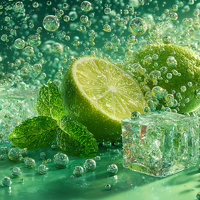 A hyper-realistic, text-free packaging design capturing the essence of a mojito. The background is a gradient of cool, watery mint green. It is dominated by a dense layer of highly detailed, three-dimensional bubbles—some large with clear light refraction and thick glass-like edges, others tiny and sparkling. Scattered throughout are photorealistic ice cubes, rendered with internal cracks, frosty surfaces, and crisp, cold edges that catch the light. In the foreground, a vibrant slice of lime with juicy vesicles and a dewy sprig of fresh mint are placed with artistic precision, their surfaces glistening with condensation droplets. The color palette is enhanced with accents of lime yellow and deeper emerald within the green spectrum, and highlights of pure white, creating a composition that is intensely refreshing, tactile, and visually stunning.