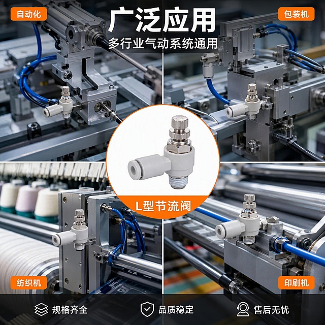 [主图-9] L型节流阀应用场景合集 多行业广泛适用。
[氛围风格] 工业五金冷灰科技风，多场景拼贴，应用广泛感；
[画质] 商业工业摄影质感、各场景光线统一、产品清晰融入、画面丰富而不杂乱。
[元素] 画面采用2x2网格拼贴布局，展示四个不同的工业应用场景，每个场景中都有L型节流阀在实际设备中的应用状态：左上为自动化生产线机械手气动场景，右上为包装机械设备气动场景，左下为纺织机械气动场景，右下为印刷设备气动场景。每个场景中L型节流阀都清晰可见，安装在气管回路中。中心位置有一个圆形的L型节流阀主产品图，叠加在四宫格之上。保持所有场景中L型节流阀的外观（物理结构、材质质感、颜色）与输入产品图一致，杜绝变形和色差。每个场景背景虚化，突出阀的位置。
[光影] 整体统一冷白工业光，每个小场景光线风格一致，金属高光清晰，塑料质感均匀；中心主产品光影独立但风格统一。
[配色] 主色冷灰工业色调；辅色金属银、设备各色；强调色工业橙（用于场景标签）。
[视角构图] 四宫格布局，中心圆形主产品叠加；构图饱满丰富，视觉中心突出。
[文字版式] 顶部居中主标题两行，大字"广泛应用"白色粗体最大号，下一行"多行业气动系统通用"白色中号字，文字叠加在顶部场景之上，带轻微深色半透明底保证可读性。四个场景角落分别有橙色小标签，白字标注"自动化"、"包装机"、"纺织机"、"印刷机"。中心圆形产品下方标注"L型节流阀"白色粗体字。底部通栏半透明黑条，白字三列："规格齐全"、"品质稳定"、"售后无忧"。
[输出要求] 1:1比例，文字清晰锐利，超高清商业工业摄影质感。
[负向提示词] 变形，文字错乱，产品图模糊，背景杂乱，水印，电商平台Logo，多余的手，多余的手指，畸形手，融合手指，手部扭曲，肢体穿模，人物面部扭曲，关节反折。