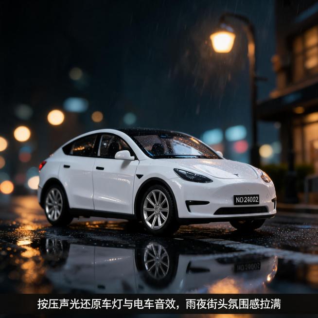 微缩雨夜城市场景，搭配湿漉漉的柏油路面和路灯道具，背景虚化雨夜光斑，白色特斯拉车模，车门关闭，按压触发声光，模拟雨夜行驶状态，侧前方低机位轻微仰拍，镜头带轻微反光效果，模拟雨夜车窗倒影，低光环境下侧方预览效果