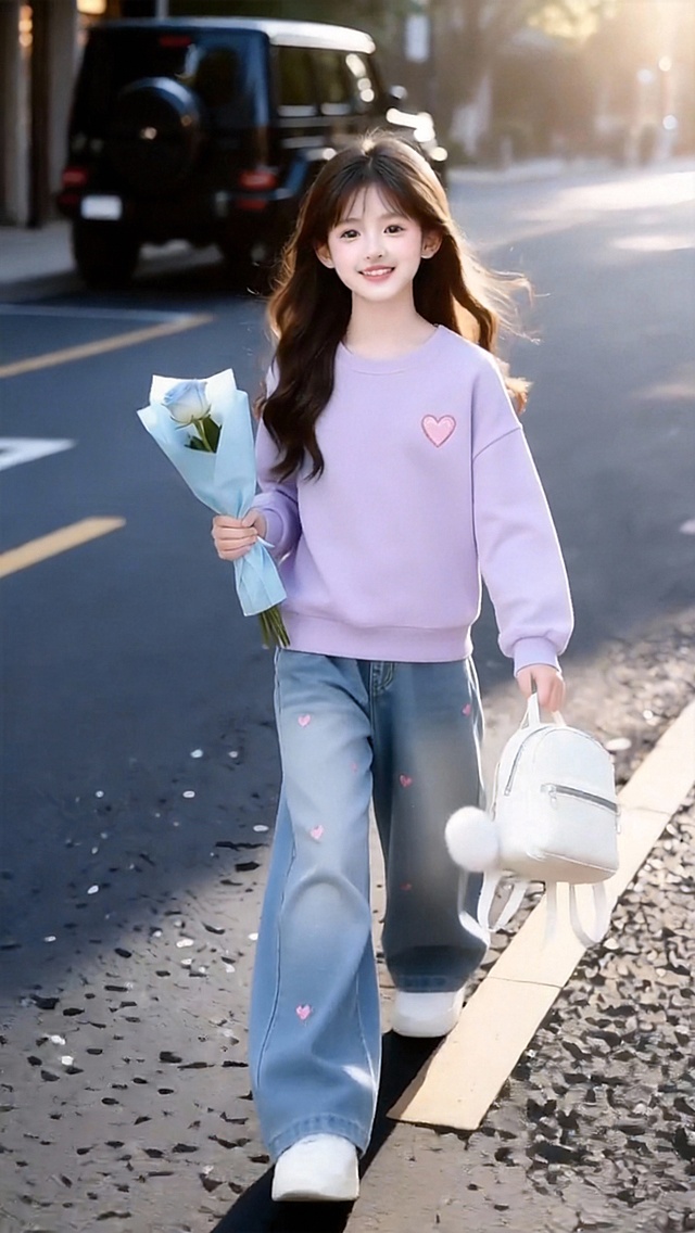 把图1的衣服和裤子给图的2的人物穿上，保留原场景光影，保持图2的人物的五官和发型不变，图片宽高尺寸不变，背景不变，人物姿势不变，保持图1的衣服和裤子的款式和颜色不变