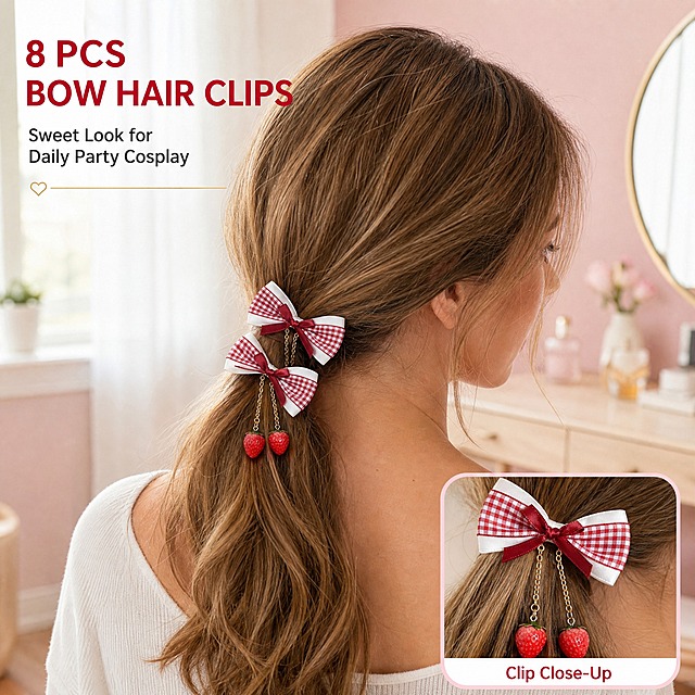 [主图-2] 商品名称 8 Pcs Red Gingham Bow Hair Clips with Cherry & Strawberry Charms, Lace Ribbon Hair Accessories。唯一任务：真实佩戴使用场景图加局部放大，证明上头效果。
[统一基调] 背景主色柔粉奶白到浅粉，主标题统一现代几何无衬线粗体深樱桃红，辅助文字同族无衬线中黑深灰，强调色浅金与纯白，组件统一白色半透明圆角卡片配浅粉细描边与浅金细引线，全套只用这一套字体与色阶。
[画面] 满版真实场景：明亮现代公寓梳妆区，浅粉墙面与浅木色梳妆台，柔和窗光。仅参考佩戴语境，不使用参考图人物：模特换成一位欧美成年女性，28 岁左右，蜜糖金棕色柔顺长发，侧后方四分之三视角，头发低扎成马尾并在发尾侧边佩戴 2 枚红白格纹草莓吊坠发夹；不复制参考图的发色、脸型、五官、服装与姿态。产品为画面主视觉，占比 60%-80%，避免手部复杂接触动作；右下角放一个圆角局部放大框，框内为该发夹上头微距细节并标注英文小字 Clip Close-Up。产品外观、结构、材质、颜色与输入图完全一致，吊坠链条自然垂落。
[光影质感] 自然柔光，主光来自左侧窗户，产品表面有细微高光，发丝与发夹接触处有真实接触影。
[配色] 沿用统一基调，场景只作环境色，浅粉配浅木。
[文字版式] 左上标题英文 8 PCS BOW HAIR CLIPS，下方小字 Sweet Look for Daily Party Cosplay，深樱桃红标题配深灰辅助字，字体与整套一致，文字放在留白处不遮挡产品。
[输出要求] 1:1 方形 2048x2048，产品清晰、文字清晰。负向：多余手指、畸形手、融合手指、面部扭曲、产品变形、中文文字、水印、平台 Logo、杂乱背景。