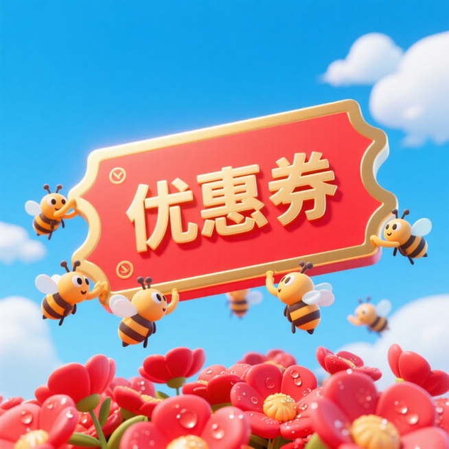 一群小蜜蜂争抢着一张巨大的红金票券（上面写着“优惠券”），底部红色花丛，蓝天背景预览效果