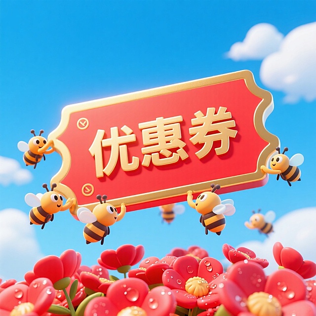 软3D风格的卡通蜜蜂环绕红色优惠券，拟人化设计充满可爱与喜庆感，花海背景强化节日氛围，整体呈现生动促销视觉。