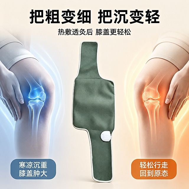 保持U爱通膝部理疗通产品外观物理结构材质质感颜色一致，杜绝变形和色差，精细化处理。生成U爱通膝部理疗通效果对比展示主图，氛围风格为对比清晰 直观易懂 专业暖调，商业摄影质感、光线柔和通透、产品清晰真实、画面干净高级，产品居中放置，左右两侧分别展示使用前后膝盖状态：左侧标注“寒凉沉重 膝盖肿大”，蓝色冷光示意；右侧标注“轻松行走 回到原态”，暖橙色光示意，产品占比控制在40%居中，左右分区光影分别对应冷暖，整体光线均匀，中心产品光线明亮突出，左冷蓝右暖橙，背景浅米色过渡，中心产品深绿色，文字黑白对比清晰，对称式构图，中心产品，左右对比分区，平衡稳定，顶部大标题“把粗变细 把沉变轻”，黑色居中最大粗体，标题下方小字说明“热敷透灸后 膝盖更轻松”，黑色一半字号，左右分区底部对应放置圆角标签，文字清晰对比，1:1 比例，文字清晰锐利，超高清商业摄影质感。负向提示词：变形，文字错乱，产品图模糊，背景杂乱，水印，电商平台Logo