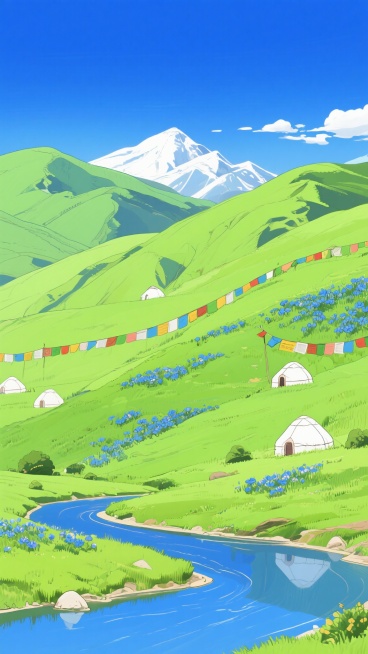 二次元，草原山，细节丰富，绿色和蓝色，民族风，生成2张，不要人，4k，9:16预览效果