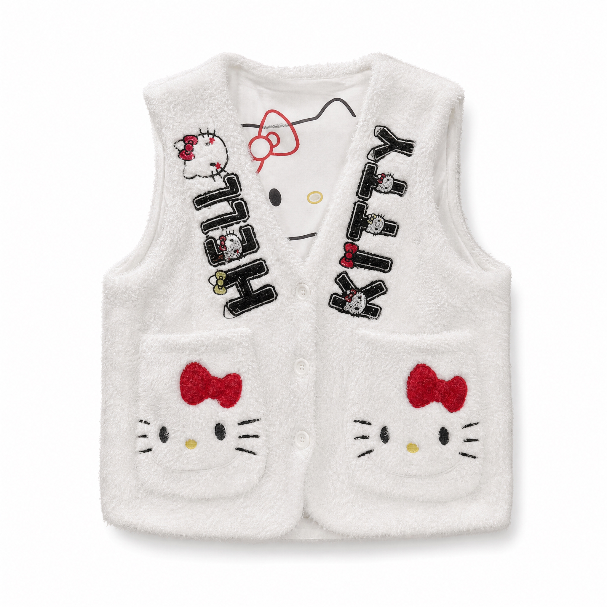 参考图中的白色Hello Kitty毛绒针织马甲，保持服装款式… - 图片创意预览