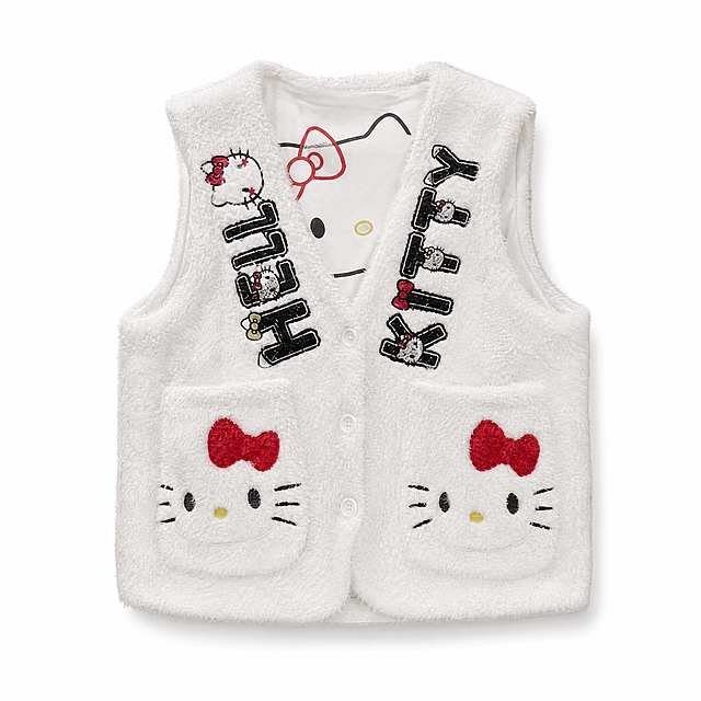 参考图中的白色Hello Kitty毛绒针织马甲，保持服装款式、颜色、面料、图案完全一致，服装平铺摊开展示，俯视平铺俯拍角度，专业电商服装白底图，纯白色#FFFFFF纯色背景，无影棚柔和灯光，面料肌理清晰，版型细节完整，无褶皱错乱，画面居中构图，高清商业实拍质感，细节锐利，干净通透，淘宝天猫商品主图，1:1正方形，无水印，无文字，无多余物体，轻微柔和底部投影，服装褶皱自然合理，不要怪异扭曲褶皱