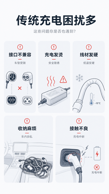 [第2屏] 痛点直击-传统充电常见问题汇总。氛围为简约商务风格，浅色背景清晰展示问题，图文并茂专业可信。布局上标题放在顶部居中，下方分成5个独立卡片区域，每个卡片展示一个痛点问题并配有简约示意小图，卡预览效果